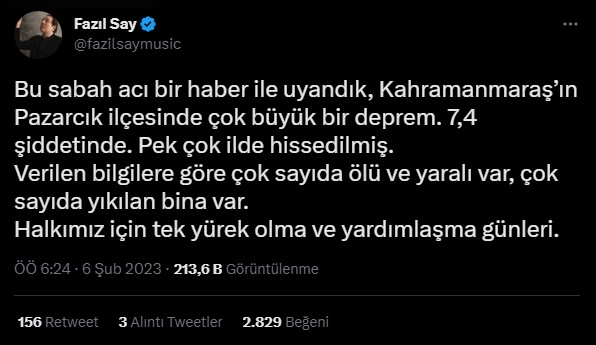 Büyük deprem ardından ünlülerin geçmiş olsun mesajları fazıl say