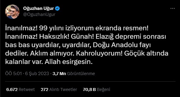 Büyük deprem in ardından ünlülerin geçmiş olsun mesajları oğuzhan uğur