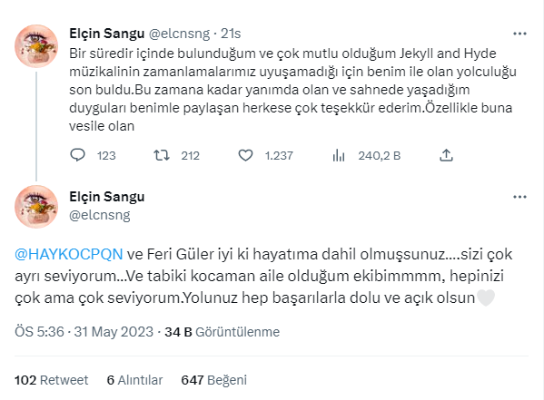 Elçin Sangu ‘Jekyll and Hyde’ müzikalinden ayrıldığını duyurdu
