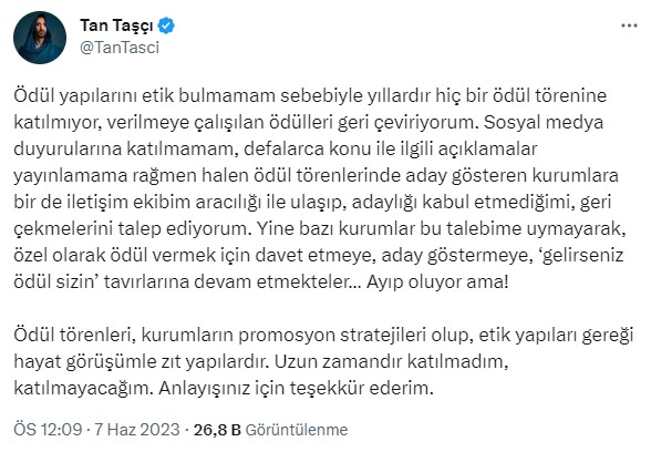 Tan Taşçı, ödül törenlerindeki etik sorunlara tepki gösterdi: Verilmeye çalışılan ödülleri geri çeviriyorum

